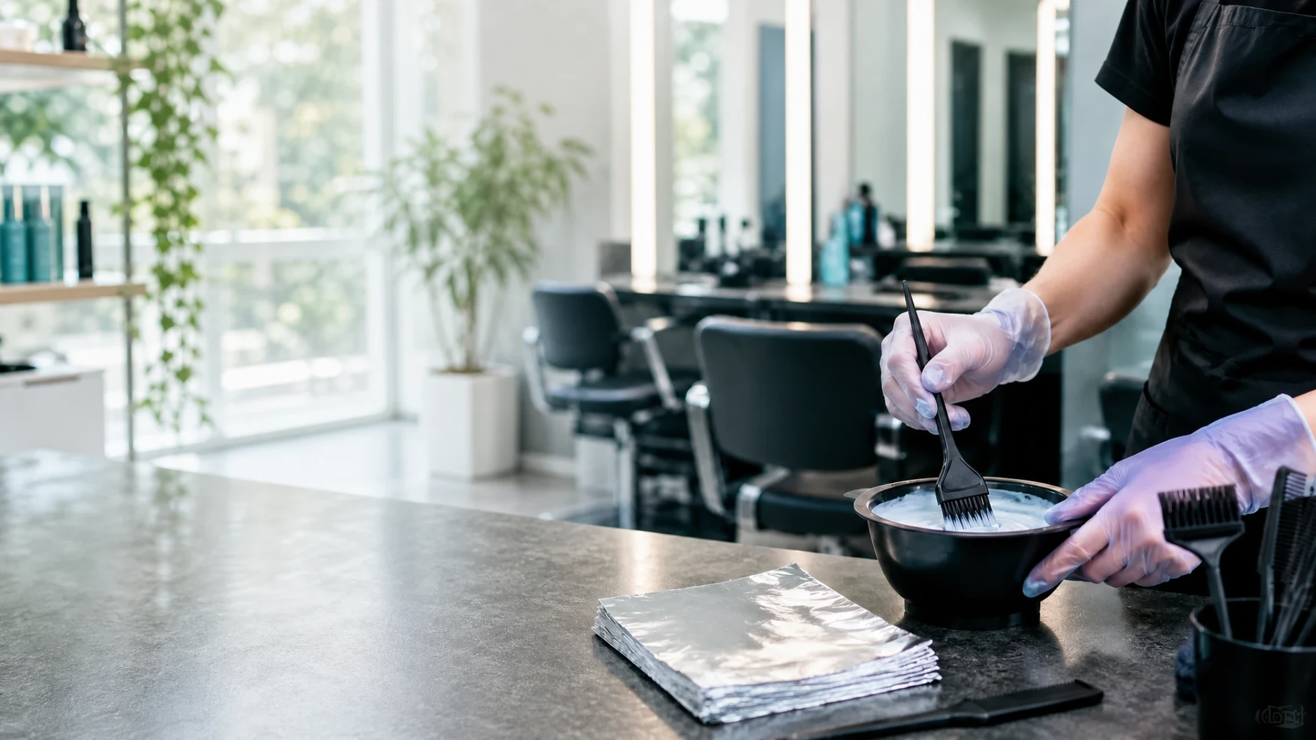 Salon color bowl brush and gloved hands arranged on the right side of a bright salon workspace