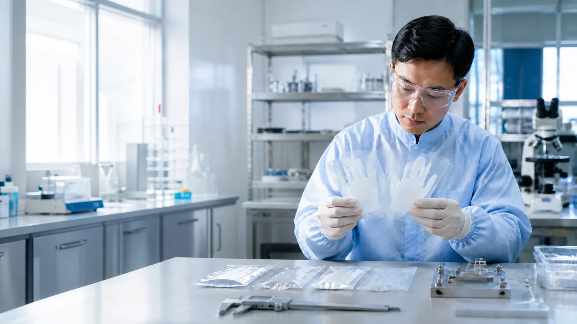 R&D buyer comparing film samples and qualification documents on the right side of a bright controlled workspace