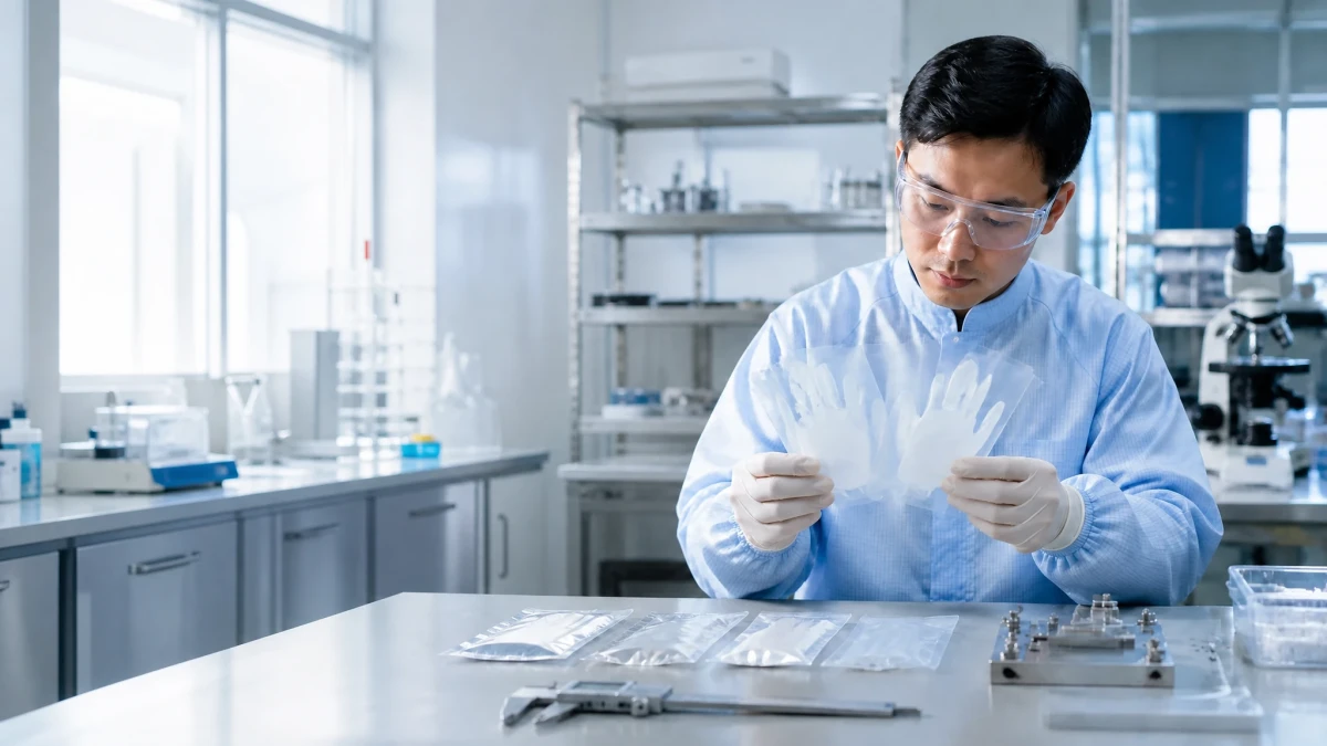 R&D buyer reviewing glove film samples and qualification records