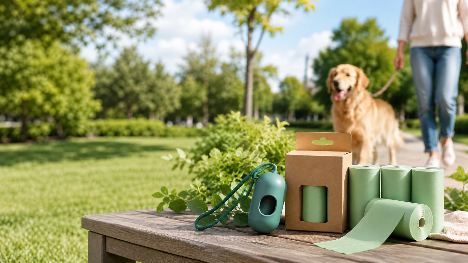 Pet waste bag rolls dispenser and retail box arranged on the right side of a dog-walking scene