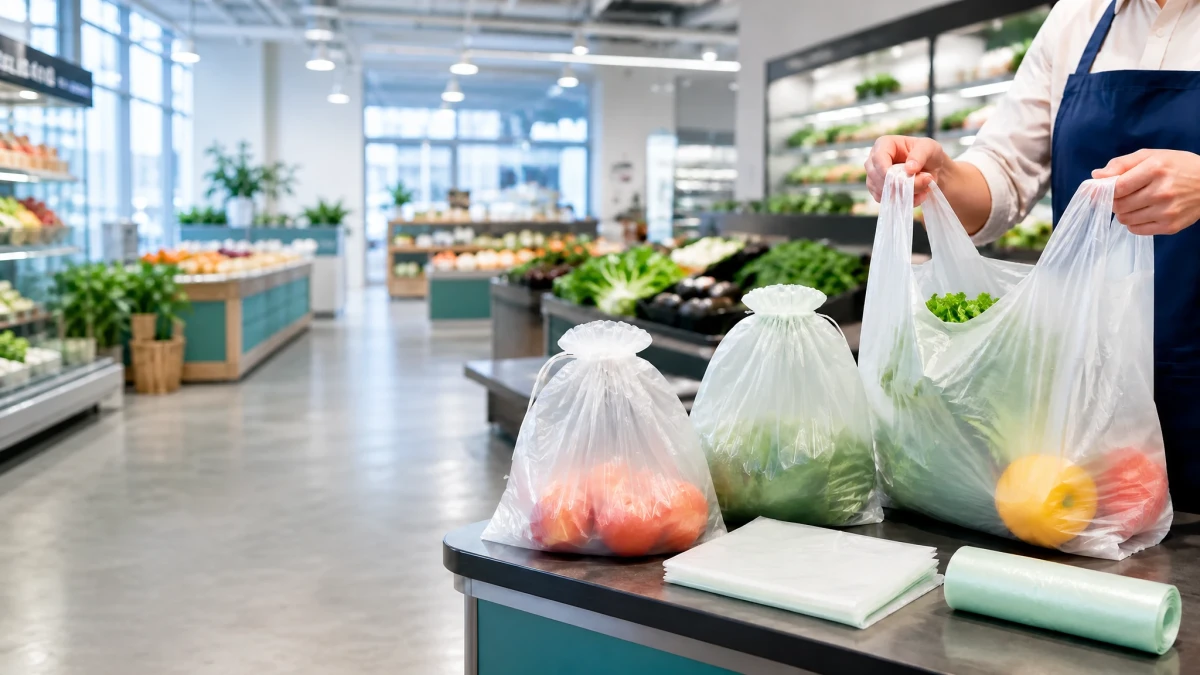 Retail worker packing produce into lightweight handled and roll-format bags