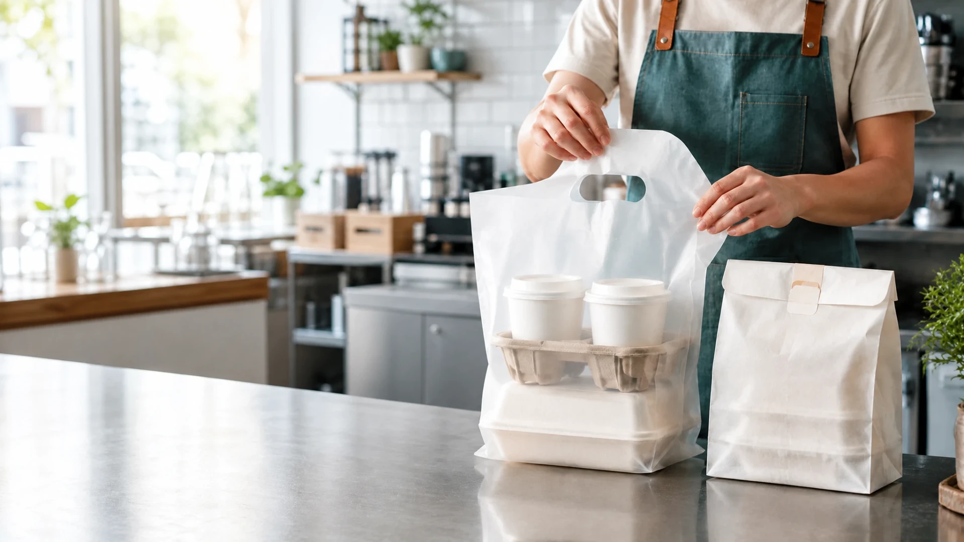 Takeout cups containers and carrier bags arranged on the right side of a bright food-service counter