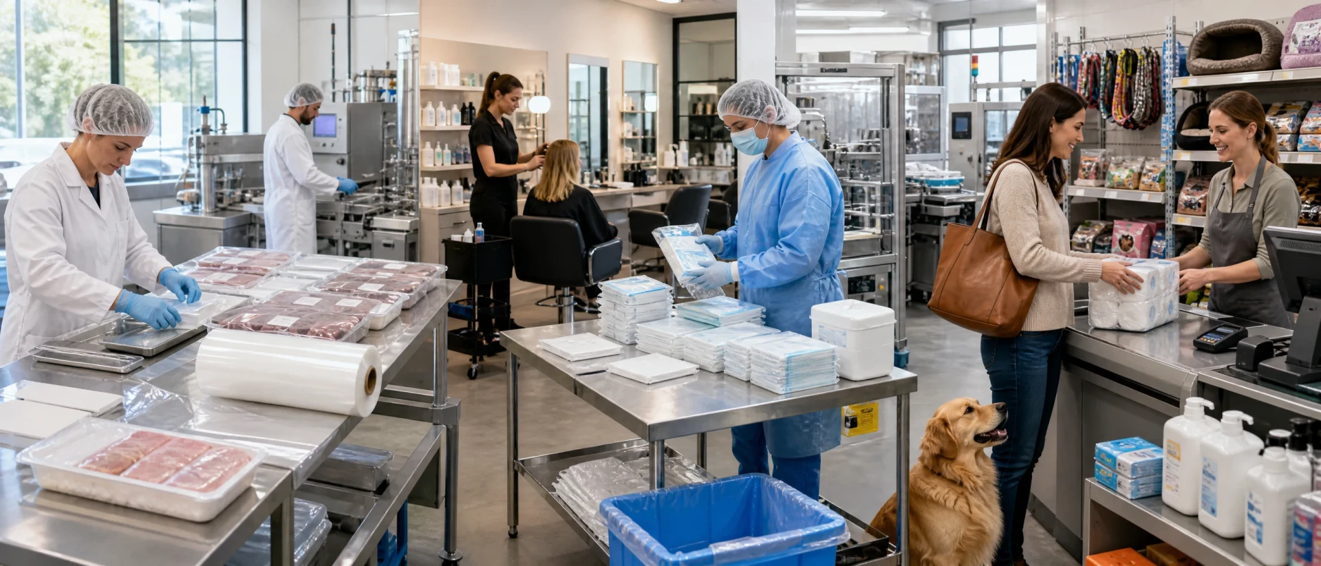 Food processing salon medical retail pet and OEM sourcing environments connected across the right side of a bright industrial scene
