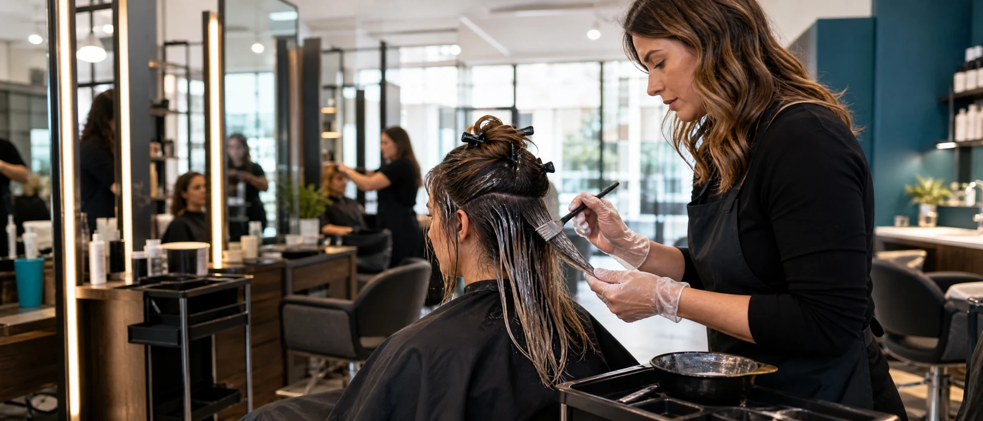 Salon stylist wearing translucent disposable gloves beside a clear client cape on the right side of a bright color station