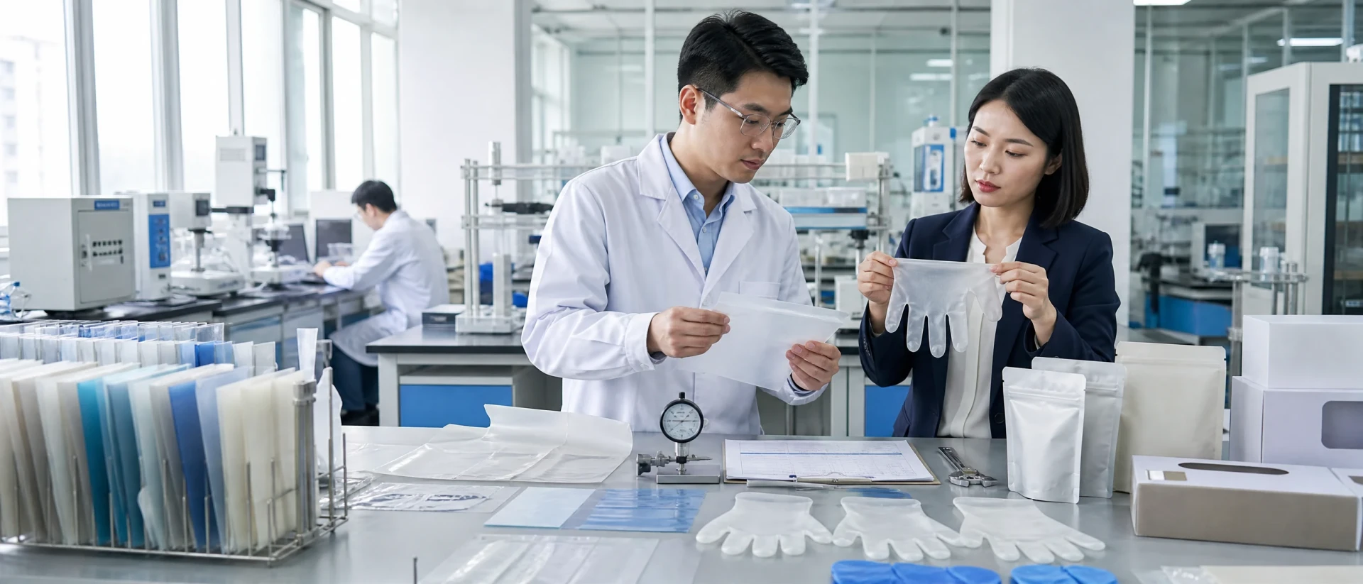 R&D buyer comparing disposable glove film samples and qualification records on the right side of a bright technical workspace