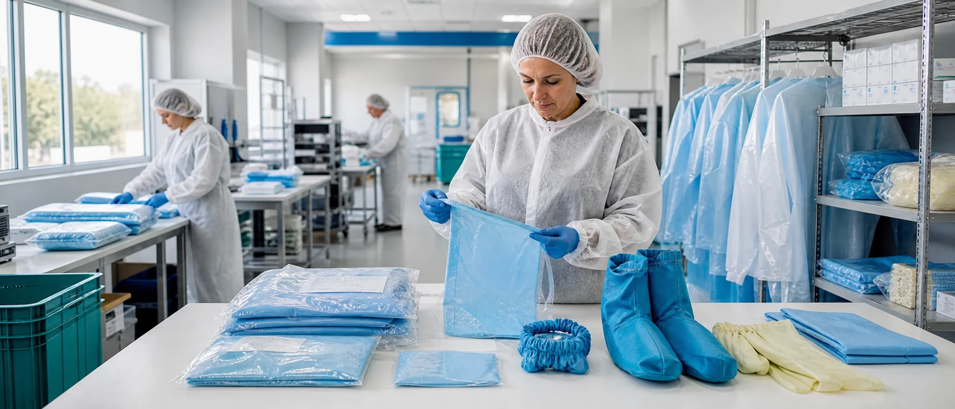 Quality worker inspecting disposable film gown gloves sleeves and boot covers on the right side of a bright controlled packing room
