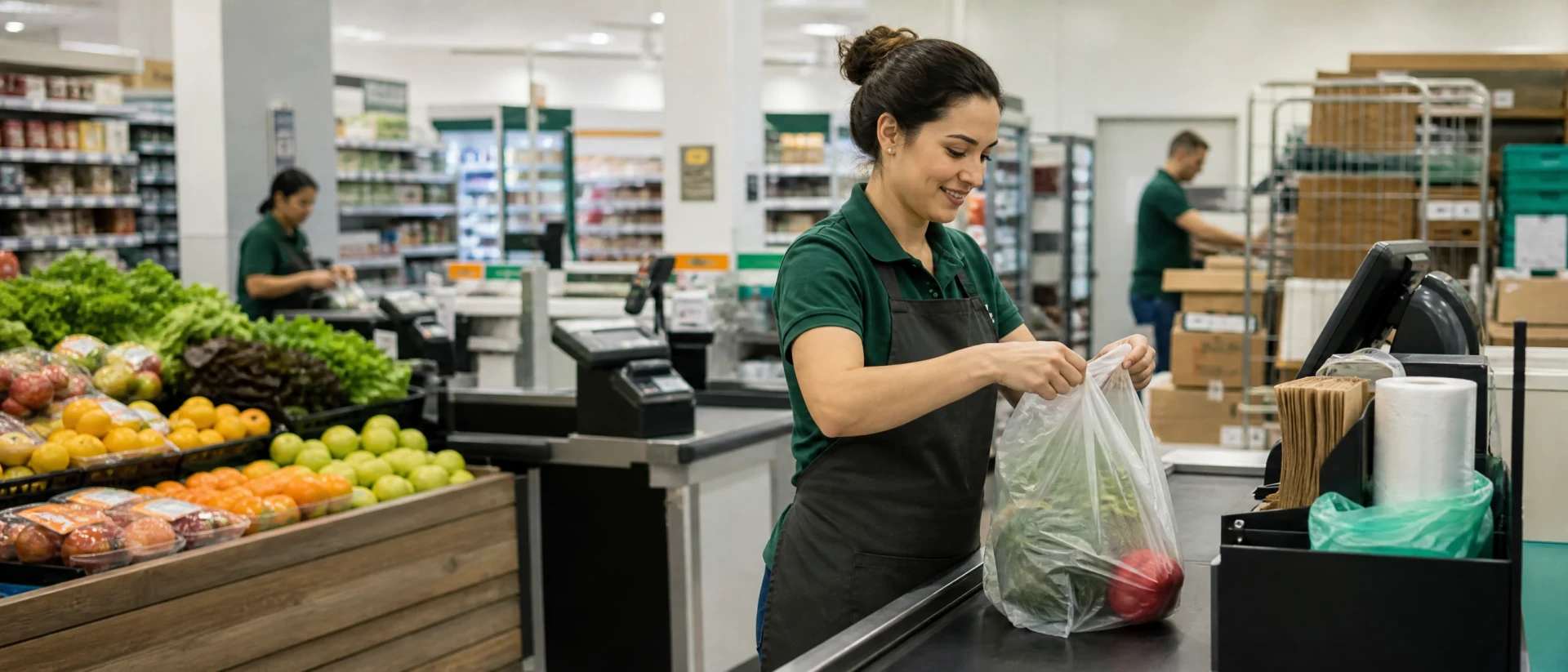 Retail worker reviewing shopping produce and liner bag formats on the right side of a bright supermarket checkout and produce area