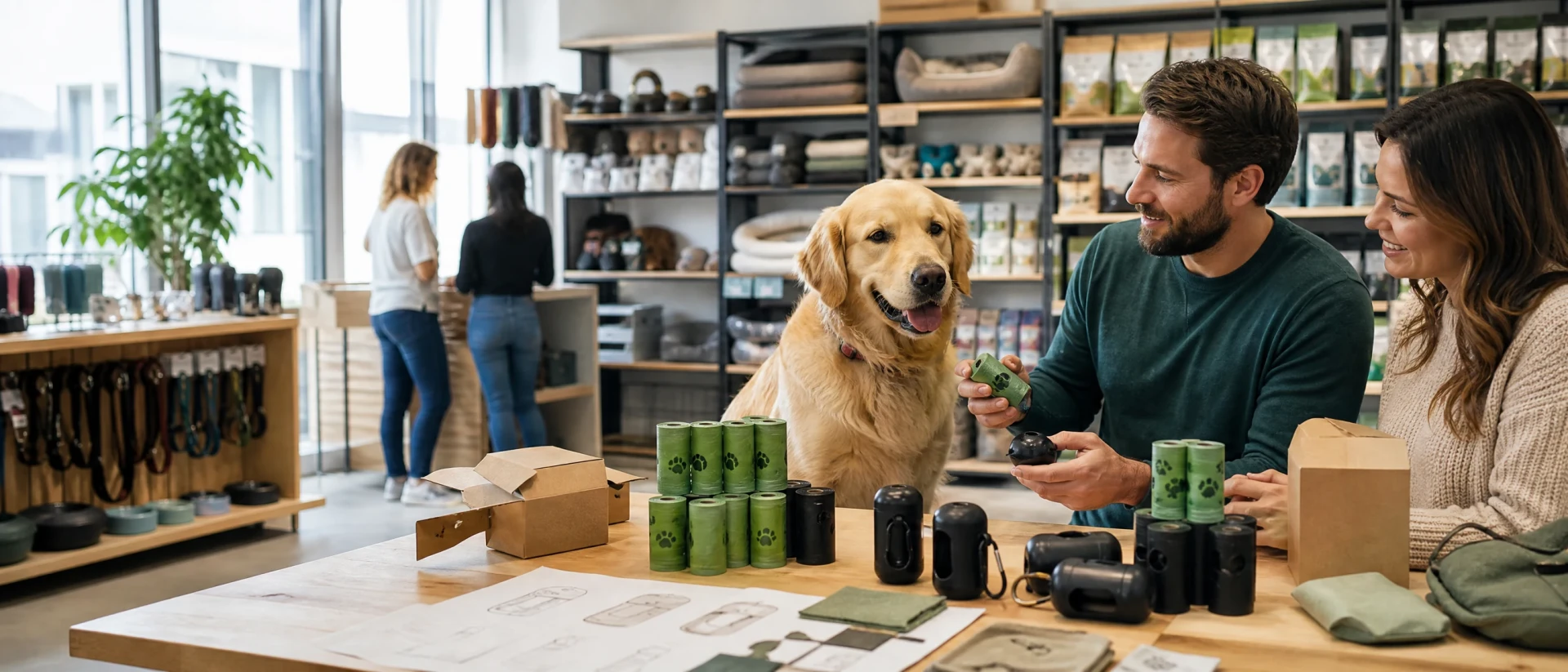 Pet waste bag rolls dispensers and unbranded retail packaging beside a calm dog on the right side of a bright product-development scene