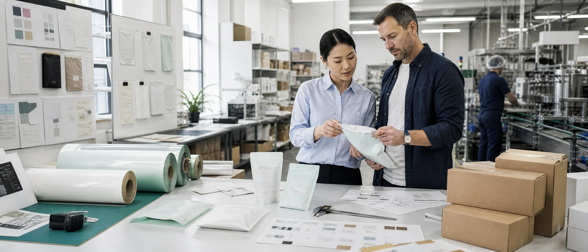 Brand packaging team reviewing custom compostable bag samples blank artwork and export files on the right side of a bright development table