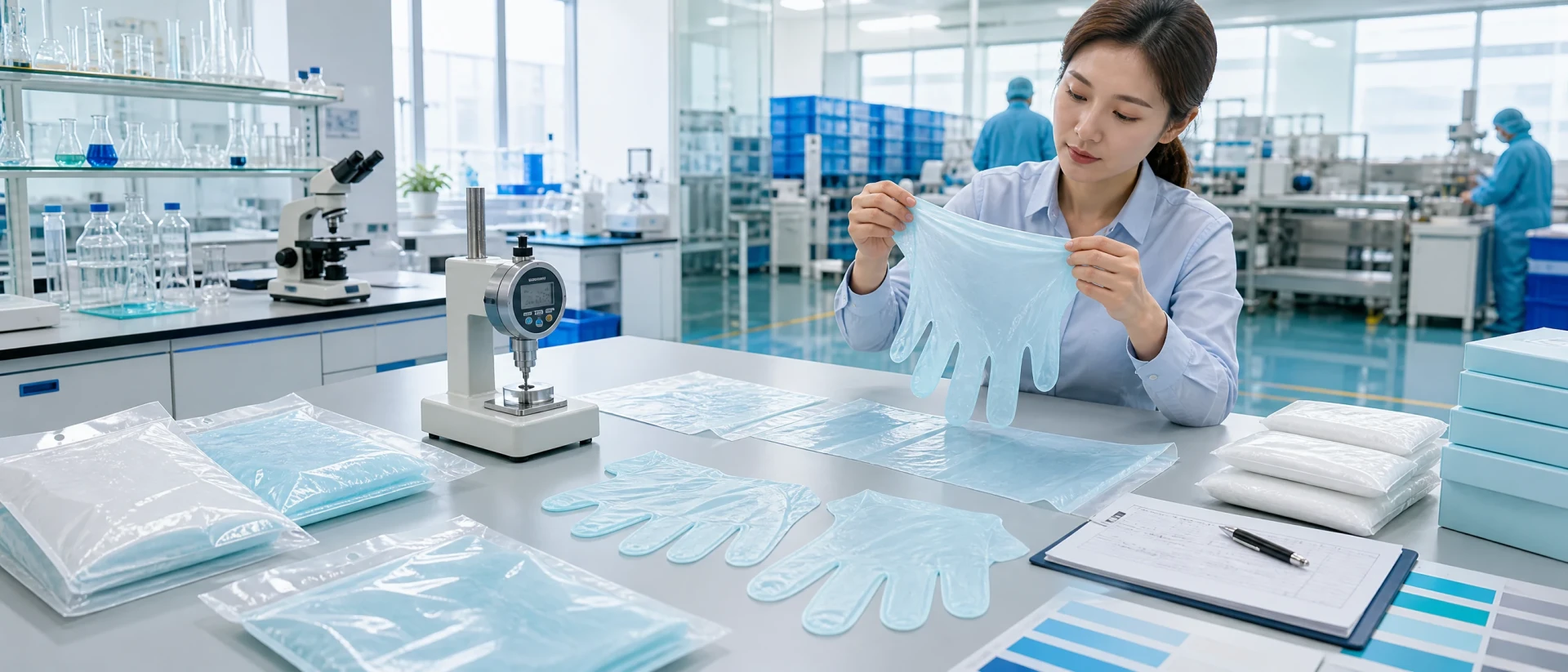 Materials specialist comparing pale cyan POE glove film, samples and wholesale packaging in a bright laboratory