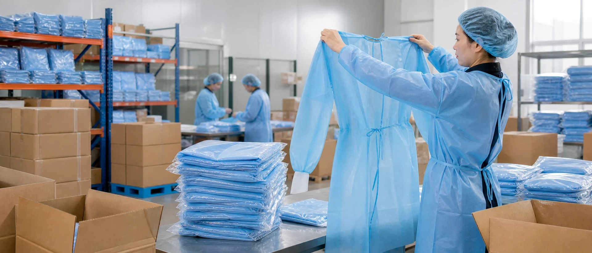 Protective-wear quality worker checking disposable film gown construction and bulk packaging