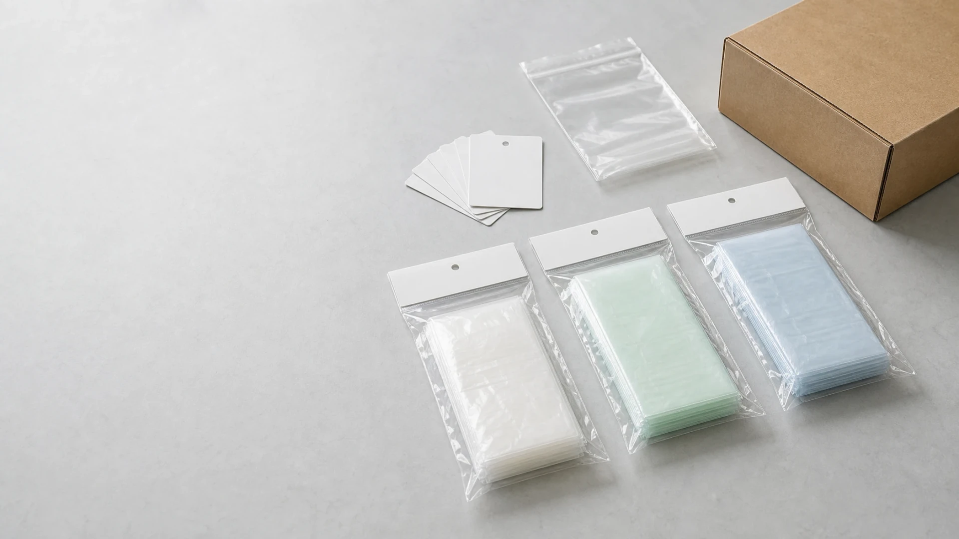 Clear mint and pale blue folded disposable glove material samples sealed in qualification pouches beside a shipping carton