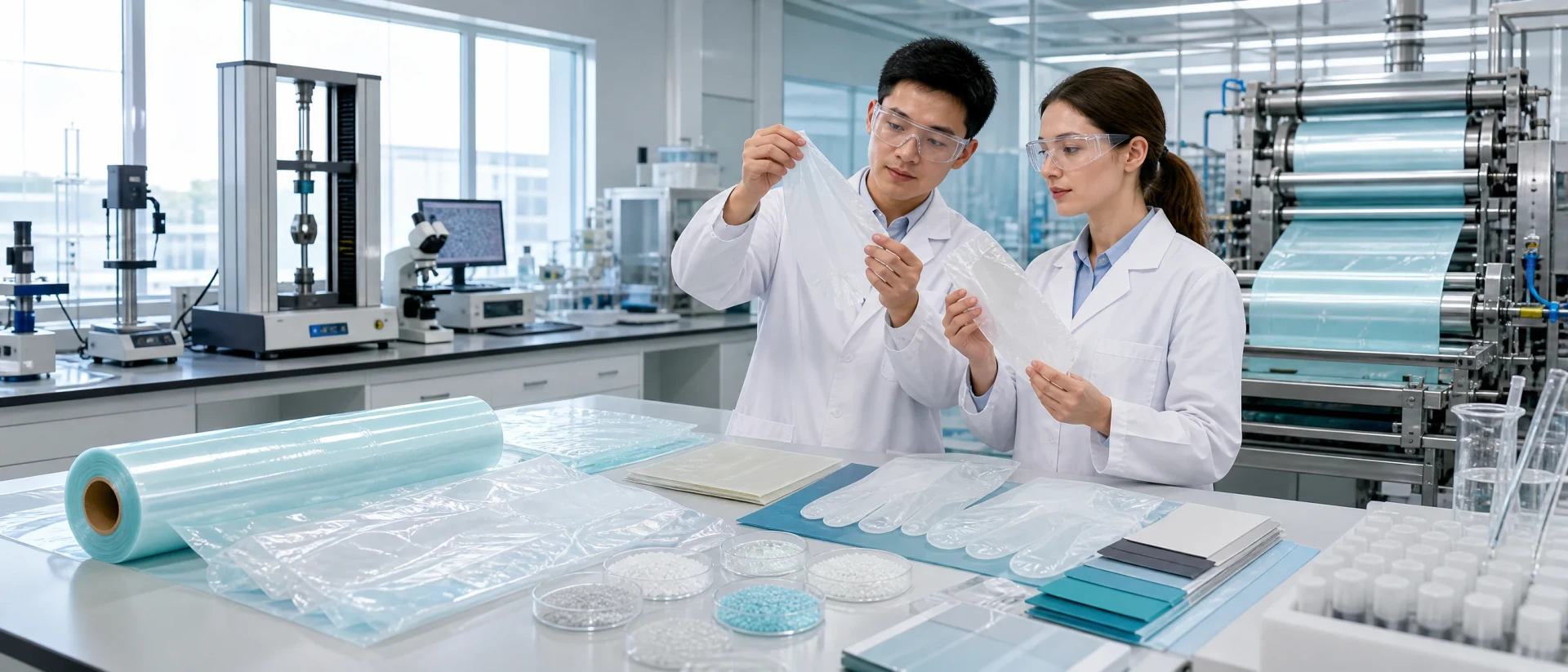 Materials specialists reviewing POE film, glove prototypes and polymer test samples in a bright R&D laboratory