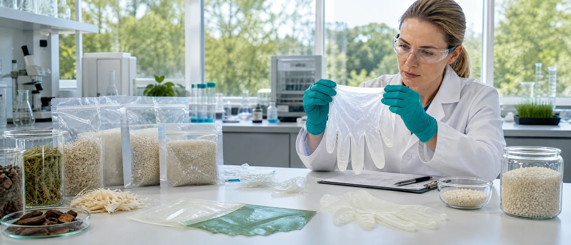 Materials analyst reviewing compostable glove prototypes, bio-resin pellets and certification test specimens