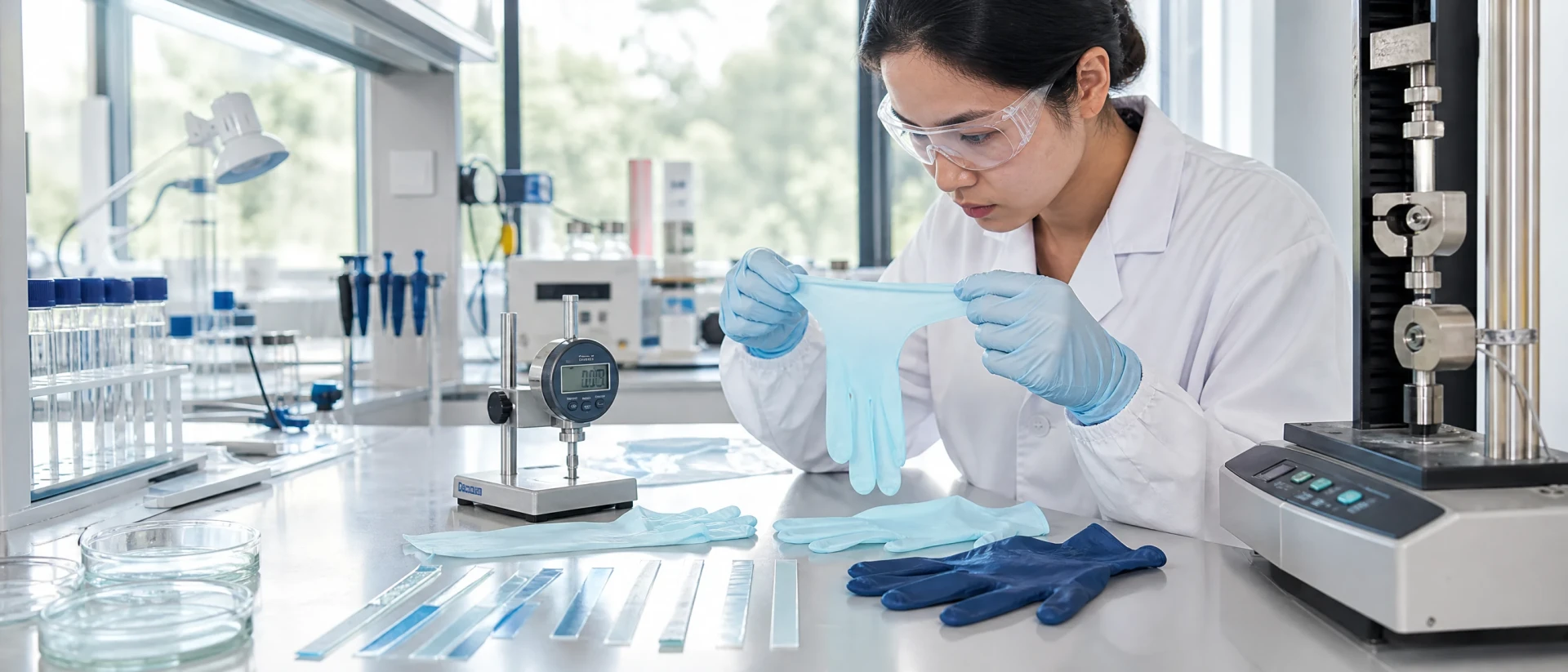 Engineer comparing pale-cyan POE glove film with an incumbent glove material at a bright test bench