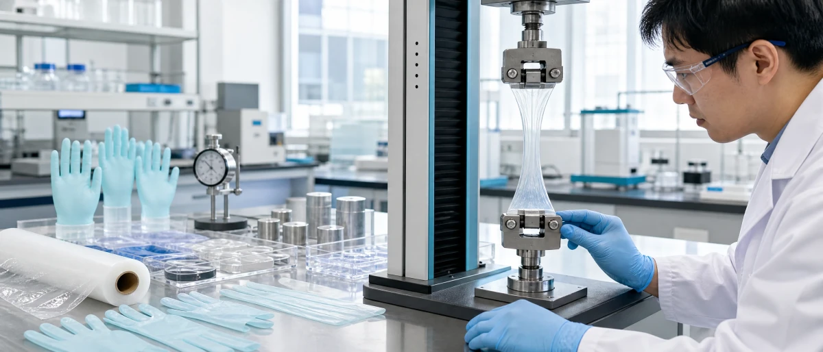 Technical specialist testing stretch and recovery of POE film specimens and disposable glove prototypes