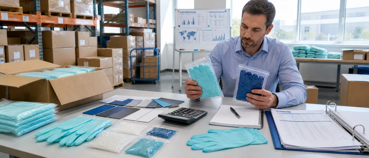 Procurement manager comparing POE glove samples, incumbent material and bulk supply records