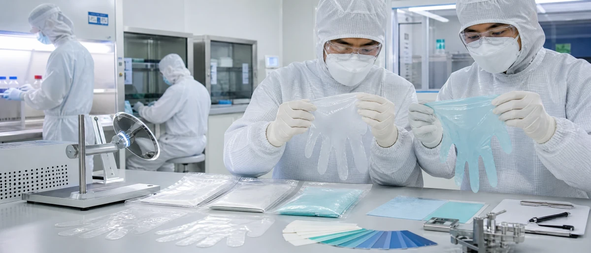 Cleanroom team comparing disposable glove films, sealed packs and contamination-control requirements
