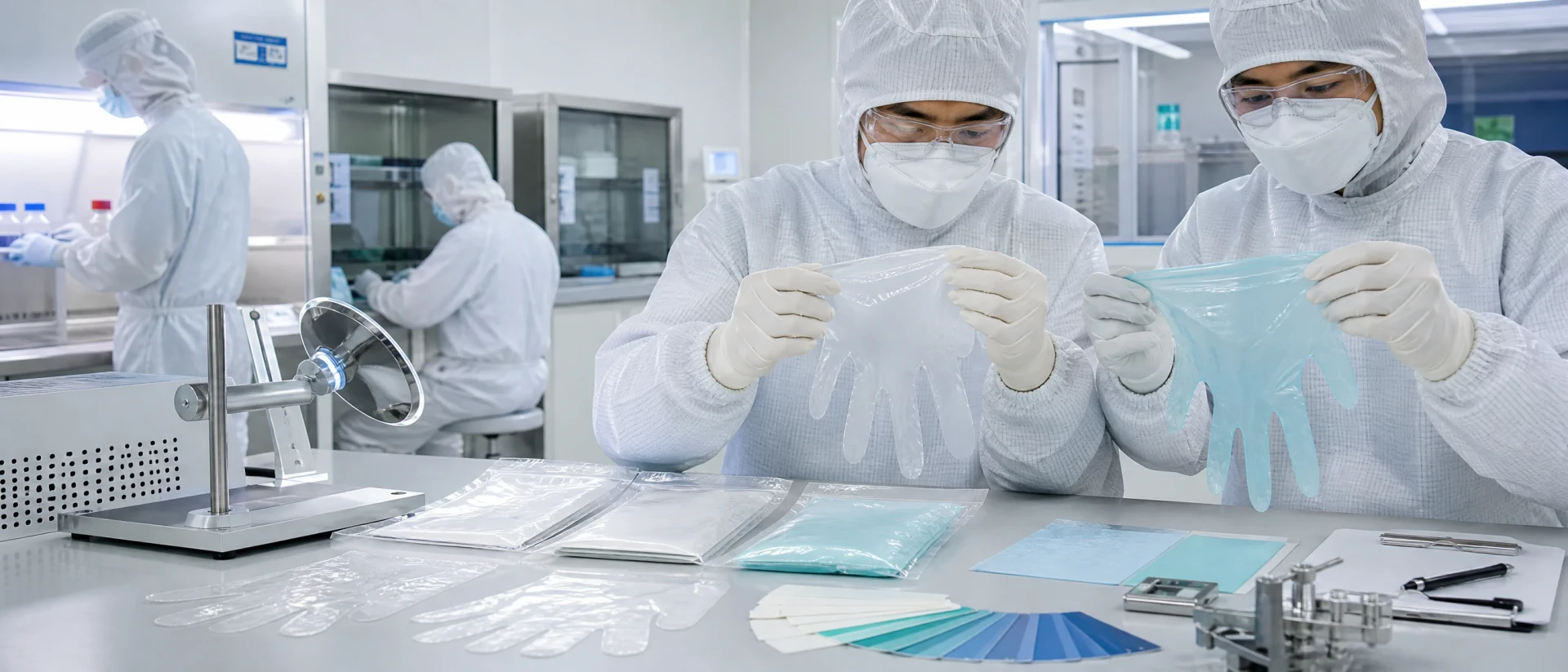 Cleanroom team comparing disposable glove films, sealed packs and contamination-control requirements
