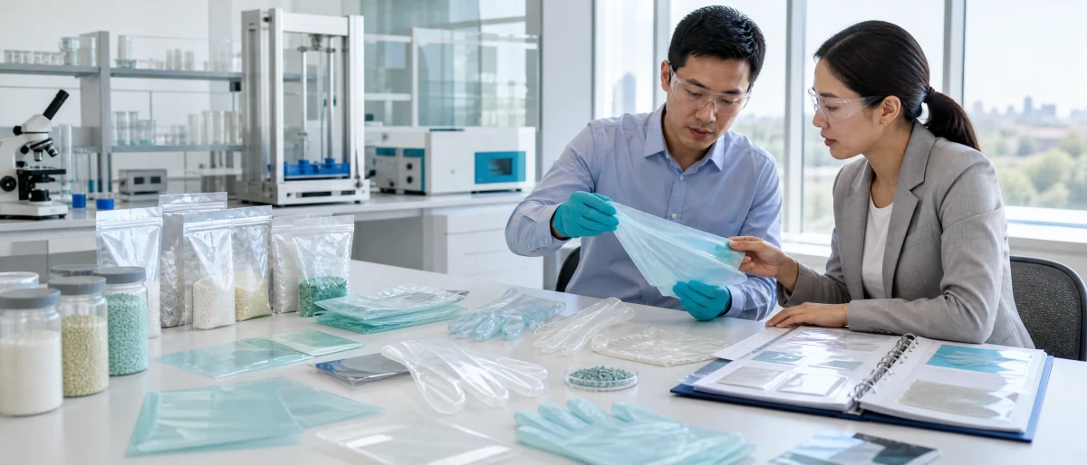 R&D engineer and procurement specialist reviewing glove compounds, prototypes and traceability samples
