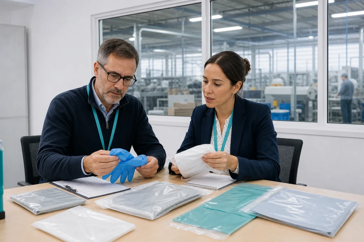 Procurement professionals reviewing disposable product samples