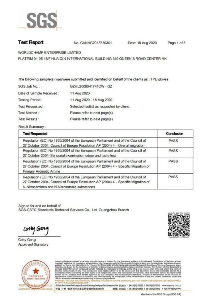 TPE Glove — SGS Food Contact Test Report