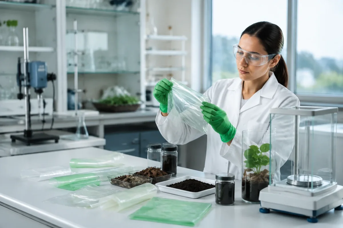 Materials laboratory technician examining compostable film samples beside soil tests and precision equipment