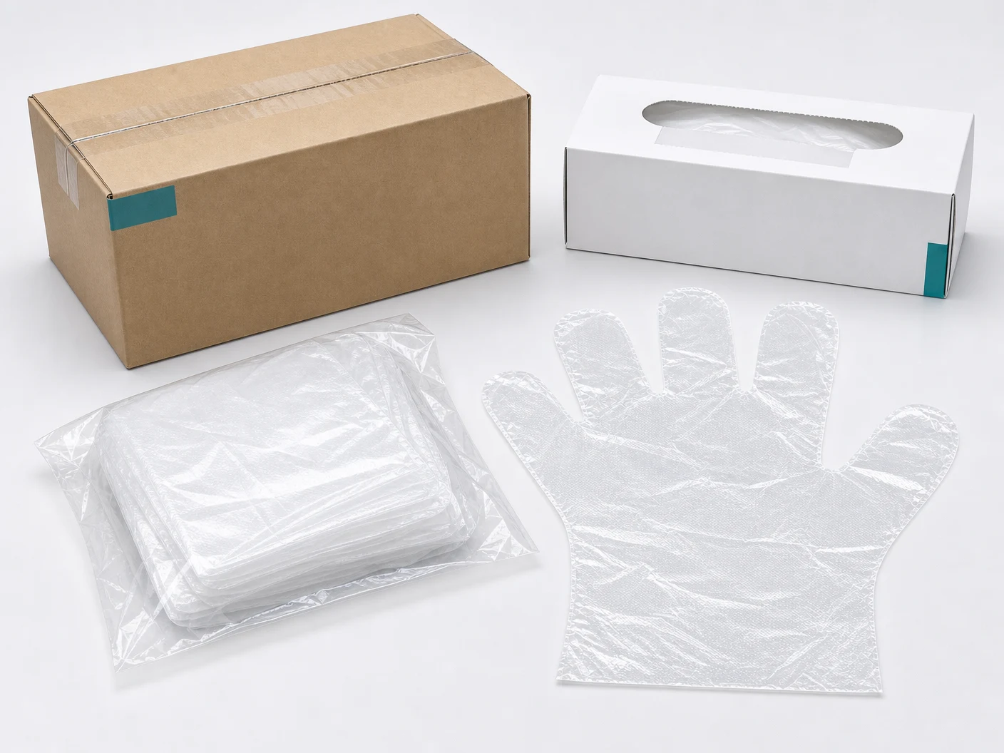 HDPE Disposable Gloves arranged in unbranded dispenser and export packaging thumbnail