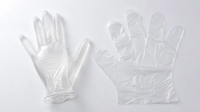 TPE gloves vs PE gloves comparison shown side by side on a clean surface
