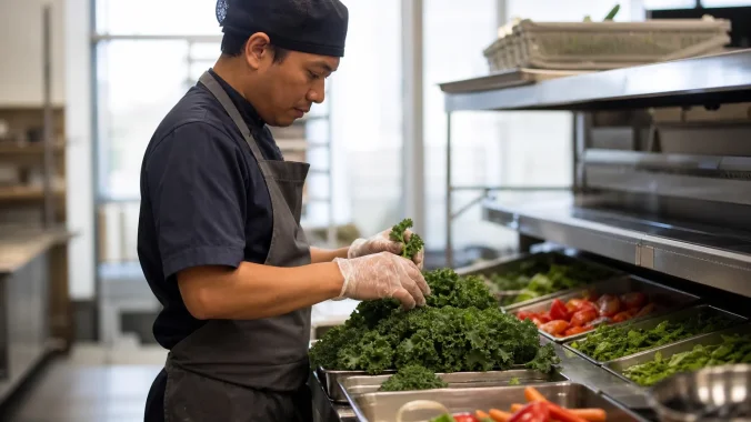 Worker wearing clear PE gloves handling fresh produce on a food preparation line