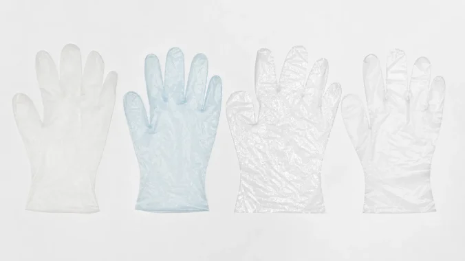 Four types of disposable gloves in PE, POE, CPE and TPE materials compared side by side