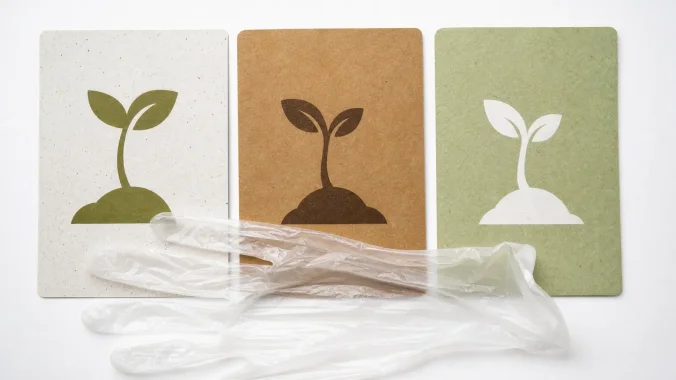 Three compostable certification marks for disposable gloves compared side by side with a seedling