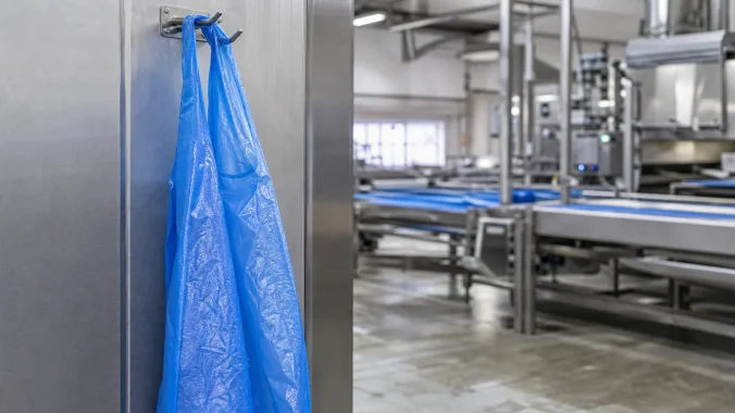A blue disposable PE apron hanging on a hook in a clean food processing plant