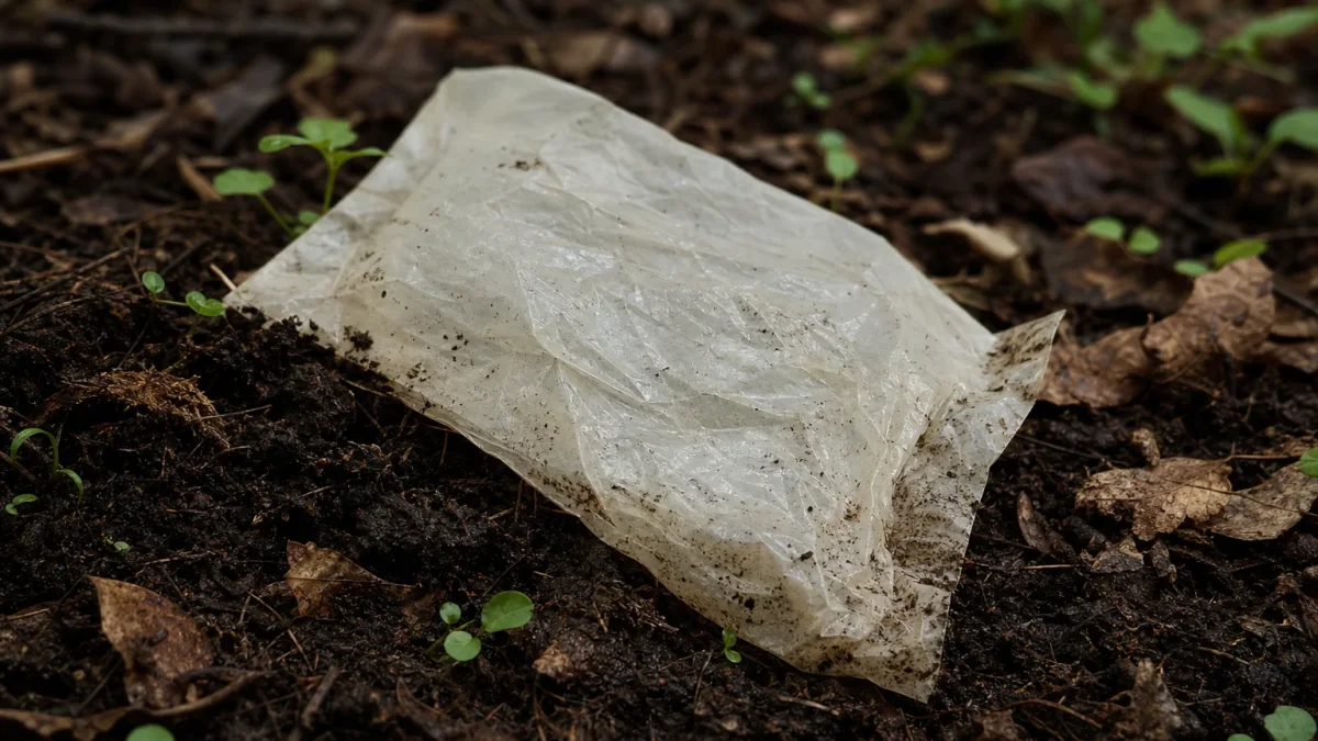 Compostable bioplastic bag resting on dark compost soil with leaves and green sprouts