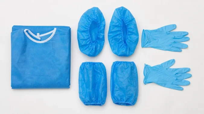 Disposable PPE items including isolation gown, gloves, boot covers, and sleeve covers laid out in donning order on a white surface