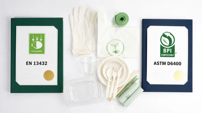 DIN CERTCO versus BPI compostable certification standards compared showing EN 13432 and ASTM D6400 testing criteria for disposable products