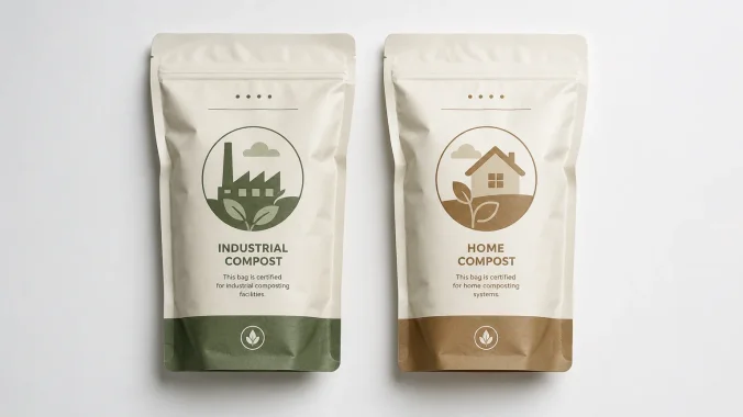 Two compostable product packages side by side showing the difference between OK Compost Industrial and OK Compost HOME certified products