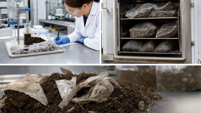 ASTM D6400 compostable bag testing process in a laboratory composting chamber