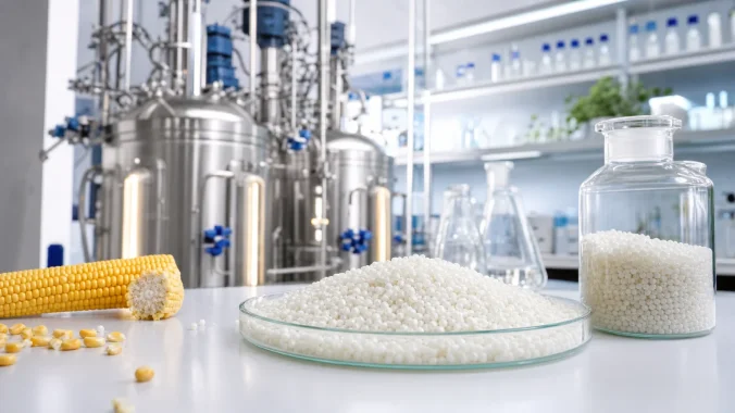 PLA polylactic acid production process from corn starch fermentation to bioplastic pellets