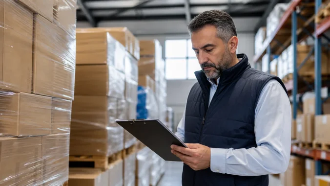 A procurement manager inspecting boxed disposable gloves on pallets in a factory warehouse with a clipboard checklist