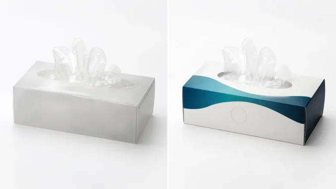 Plain unbranded disposable glove box next to the same box with a custom private label color sleeve, showing the generic to branded transformation