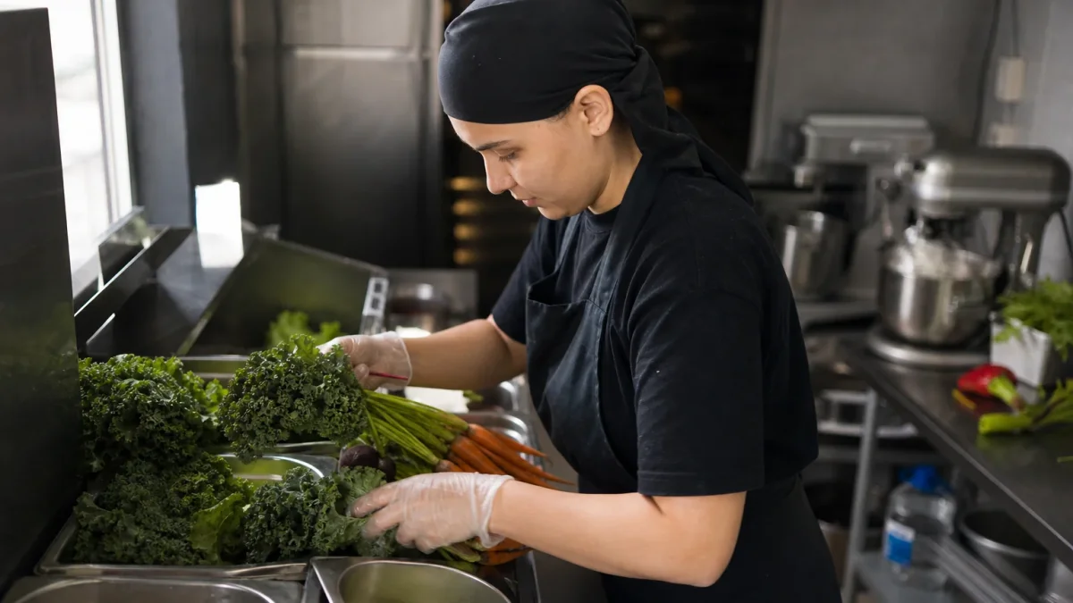 Food service worker wearing clear disposable gloves handling fresh vegetables in a commercial kitchen