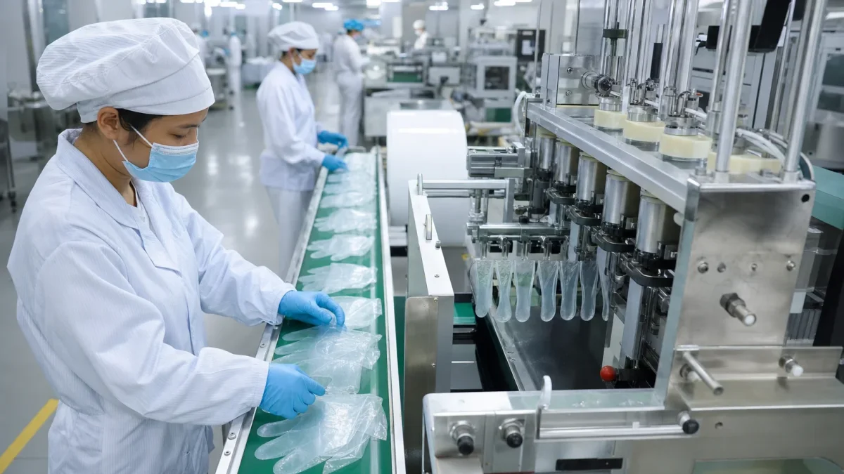 Automated disposable gloves production line in a clean modern factory with workers monitoring high-volume machinery