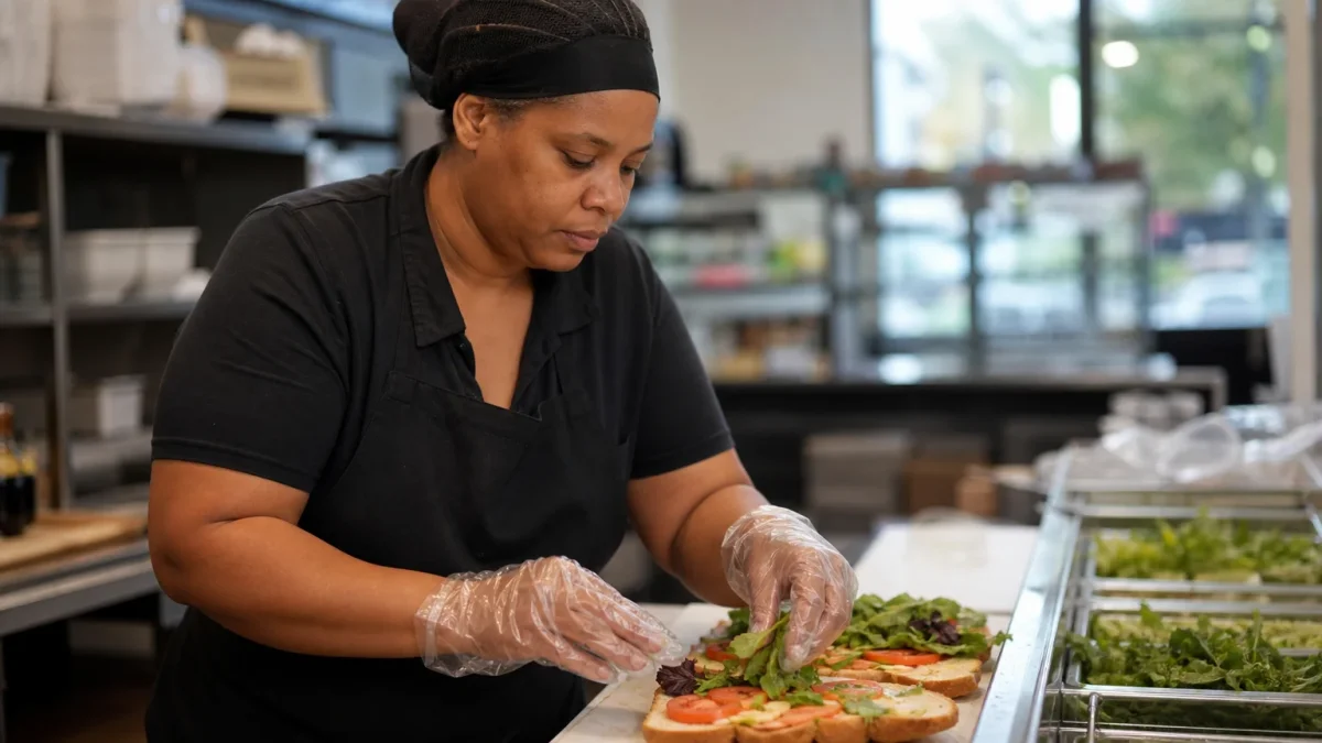 Food service worker wearing clear disposable PE gloves preparing sandwiches in a commercial kitchen