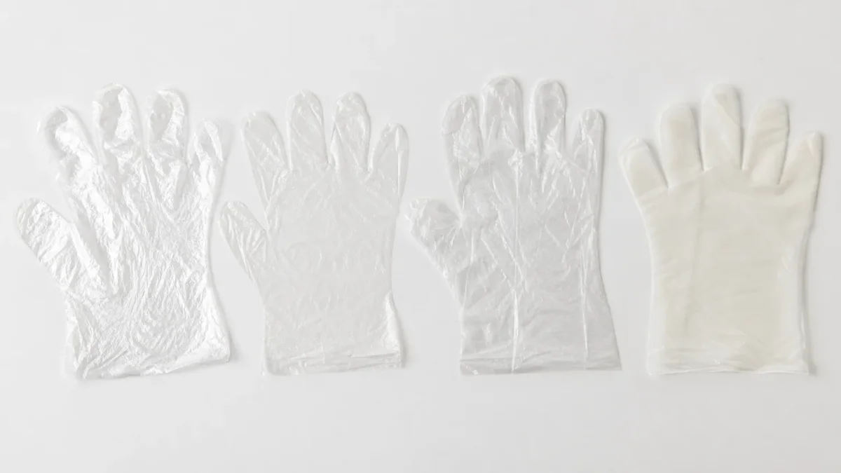 Side-by-side comparison of PE, CPE, TPE, and POE food service glove materials