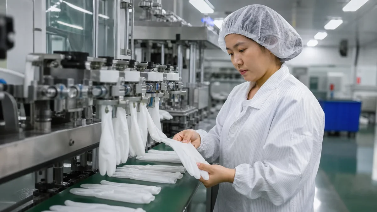 Quality control inspector examining PE gloves on a production line in a clean room factory