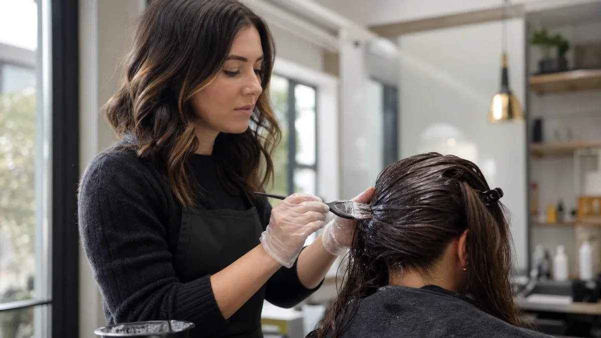 Professional hairdresser wearing disposable TPE gloves applying hair color to a client in a modern salon