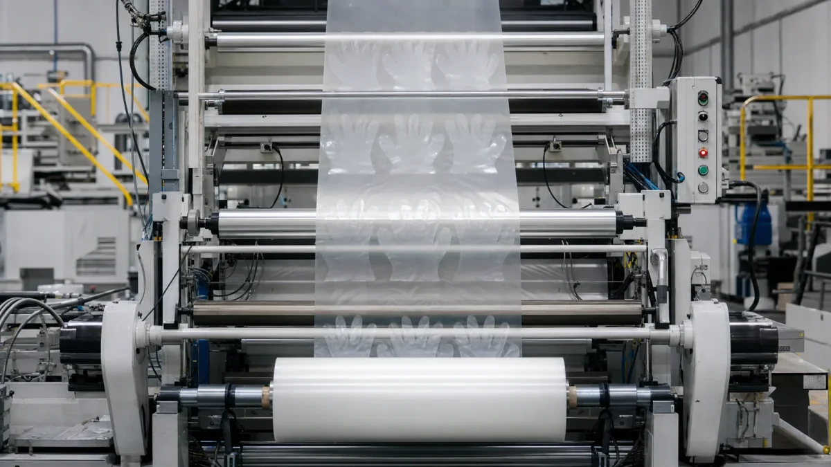 Automated production line manufacturing CPE cast polyethylene disposable gloves in a clean factory workshop