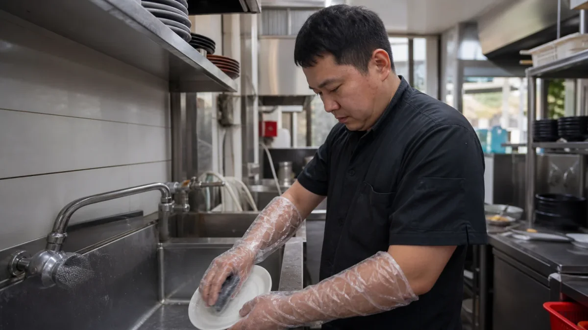 Worker wearing CPE gloves for cleaning and food prep tasks, showing standard and long-cuff CPE gloves