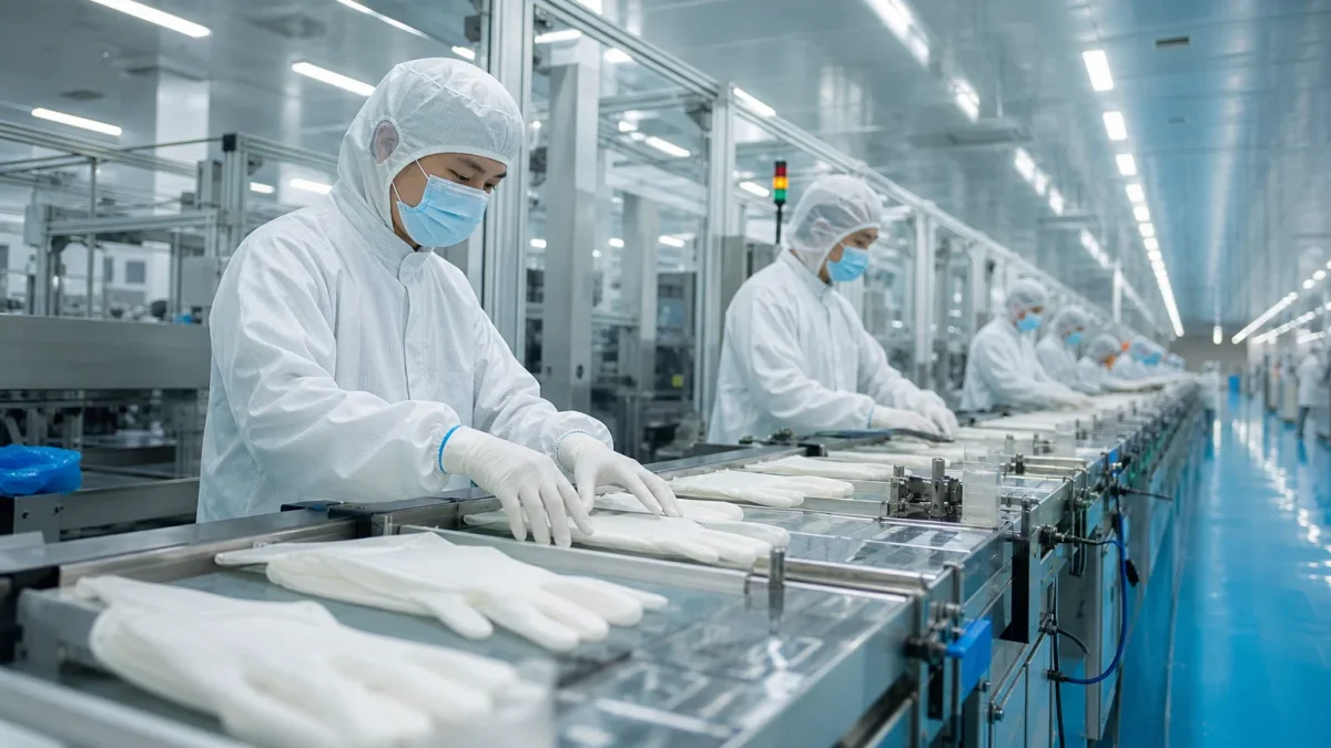 Class 100,000 clean workshop with retained glove samples on shelves for batch traceability